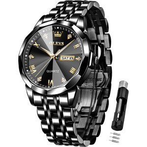 Men Diamond Stainless Steel Luxury  Analog  Waterproof Wrist Watches -All Black